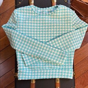 Aqua and White Patterned Long Sleeve Stretch Cropped Top